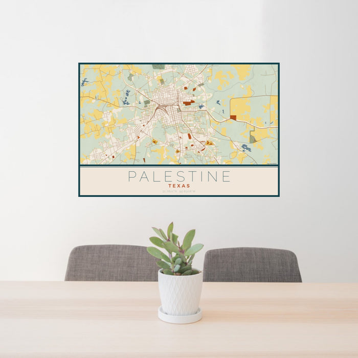 24x36 Palestine Texas Map Print Landscape Orientation in Woodblock Style Behind 2 Chairs Table and Potted Plant