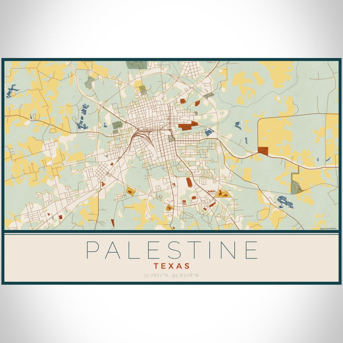 Palestine Texas Map Print Landscape Orientation in Woodblock Style With Shaded Background