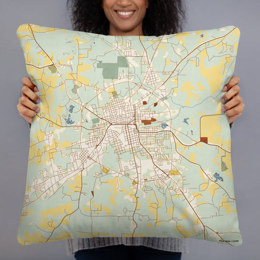 Person holding 22x22 Custom Palestine Texas Map Throw Pillow in Woodblock