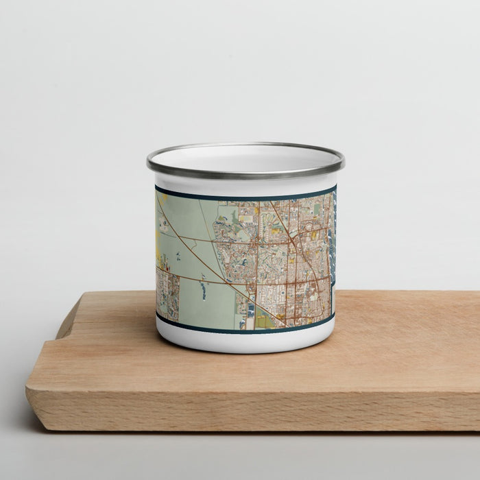 Front View Custom Palm Beach Gardens Florida Map Enamel Mug in Woodblock on Cutting Board