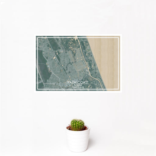 12x18 Palm Coast Florida Map Print Landscape Orientation in Afternoon Style With Small Cactus Plant in White Planter