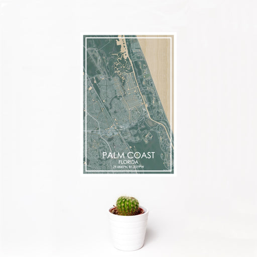 12x18 Palm Coast Florida Map Print Portrait Orientation in Afternoon Style With Small Cactus Plant in White Planter