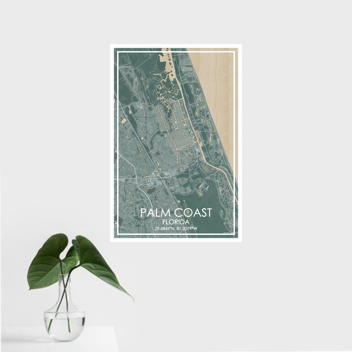 16x24 Palm Coast Florida Map Print Portrait Orientation in Afternoon Style With Tropical Plant Leaves in Water