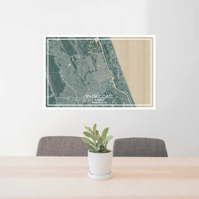 24x36 Palm Coast Florida Map Print Lanscape Orientation in Afternoon Style Behind 2 Chairs Table and Potted Plant