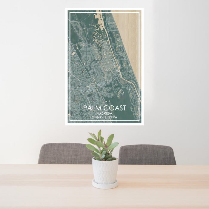 24x36 Palm Coast Florida Map Print Portrait Orientation in Afternoon Style Behind 2 Chairs Table and Potted Plant