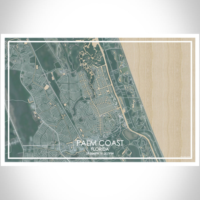 Palm Coast Florida Map Print Landscape Orientation in Afternoon Style With Shaded Background