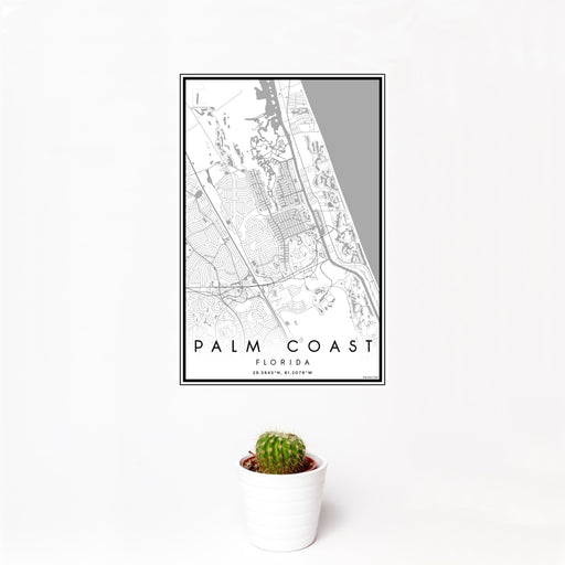 12x18 Palm Coast Florida Map Print Portrait Orientation in Classic Style With Small Cactus Plant in White Planter