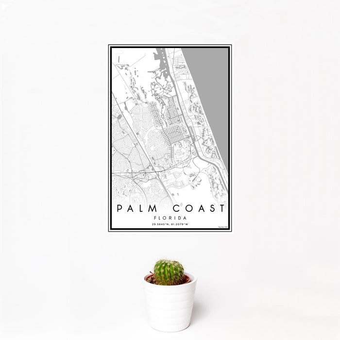 12x18 Palm Coast Florida Map Print Portrait Orientation in Classic Style With Small Cactus Plant in White Planter