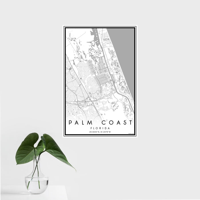 16x24 Palm Coast Florida Map Print Portrait Orientation in Classic Style With Tropical Plant Leaves in Water