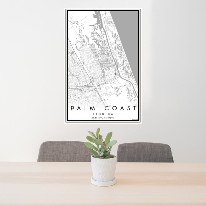 24x36 Palm Coast Florida Map Print Portrait Orientation in Classic Style Behind 2 Chairs Table and Potted Plant