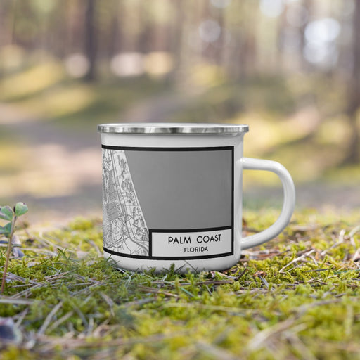 Right View Custom Palm Coast Florida Map Enamel Mug in Classic on Grass With Trees in Background