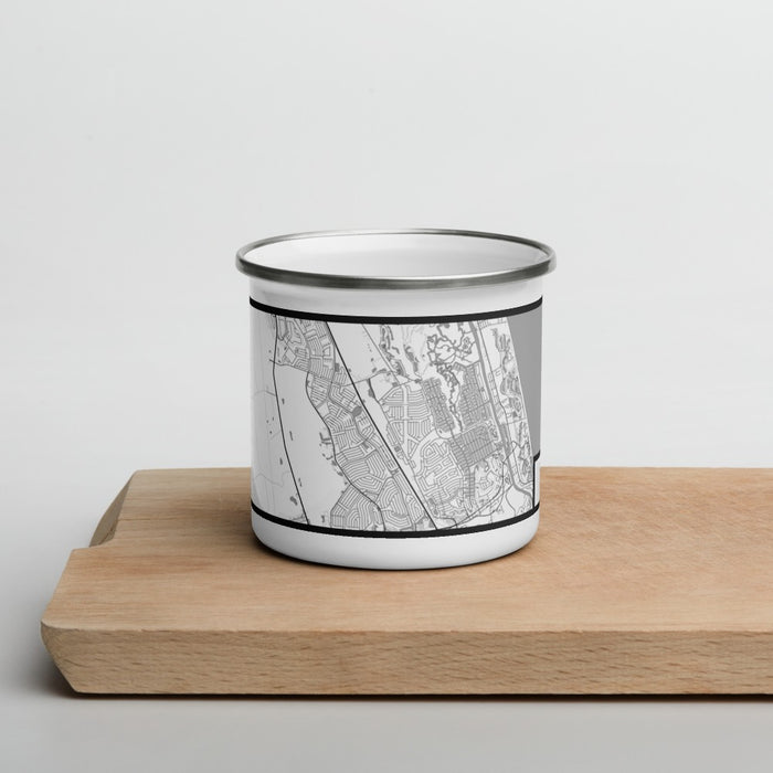 Front View Custom Palm Coast Florida Map Enamel Mug in Classic on Cutting Board