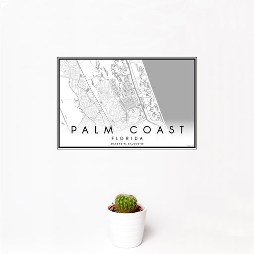 12x18 Palm Coast Florida Map Print Landscape Orientation in Classic Style With Small Cactus Plant in White Planter