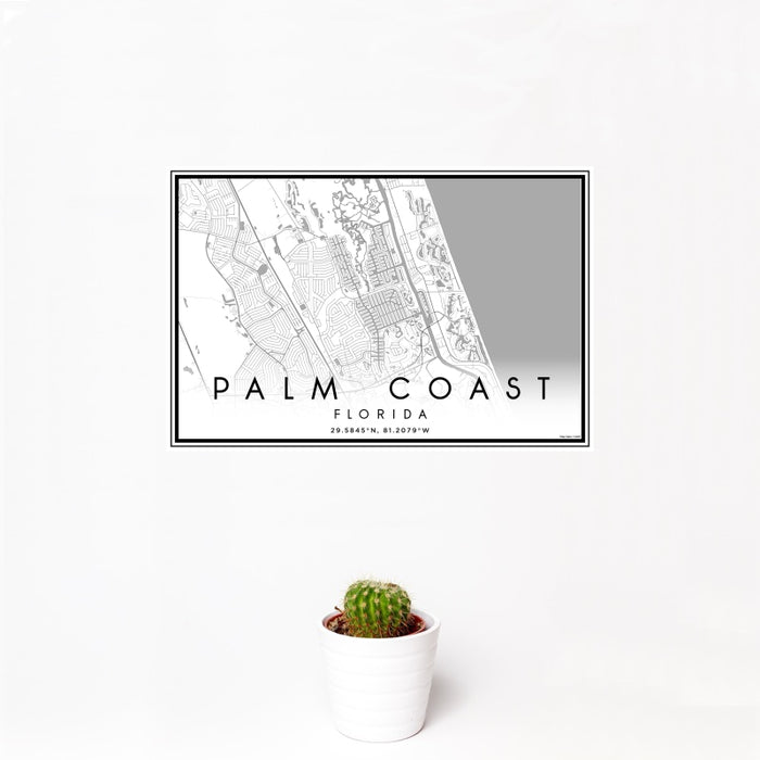 12x18 Palm Coast Florida Map Print Landscape Orientation in Classic Style With Small Cactus Plant in White Planter