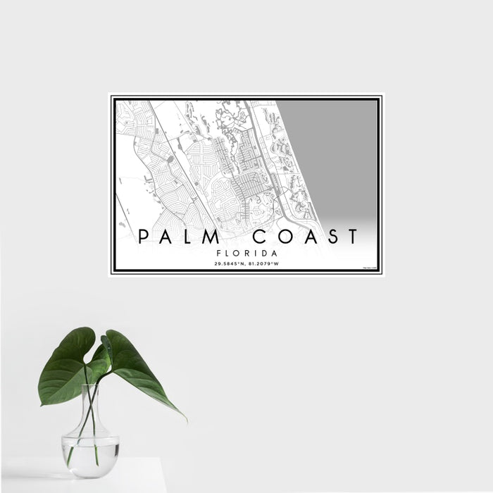 16x24 Palm Coast Florida Map Print Landscape Orientation in Classic Style With Tropical Plant Leaves in Water