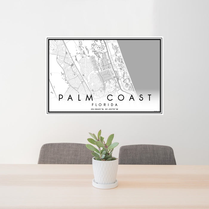 24x36 Palm Coast Florida Map Print Landscape Orientation in Classic Style Behind 2 Chairs Table and Potted Plant
