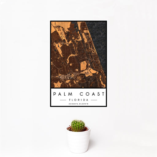 12x18 Palm Coast Florida Map Print Portrait Orientation in Ember Style With Small Cactus Plant in White Planter