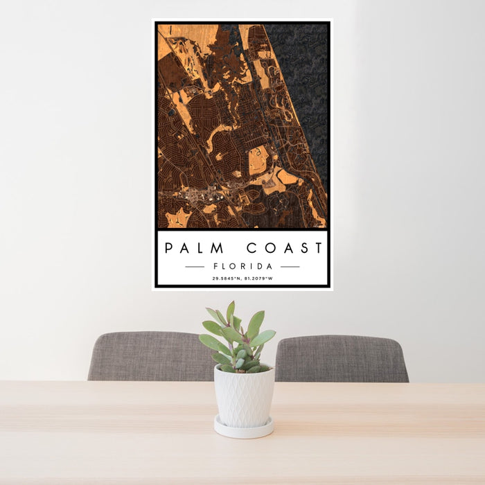 24x36 Palm Coast Florida Map Print Portrait Orientation in Ember Style Behind 2 Chairs Table and Potted Plant