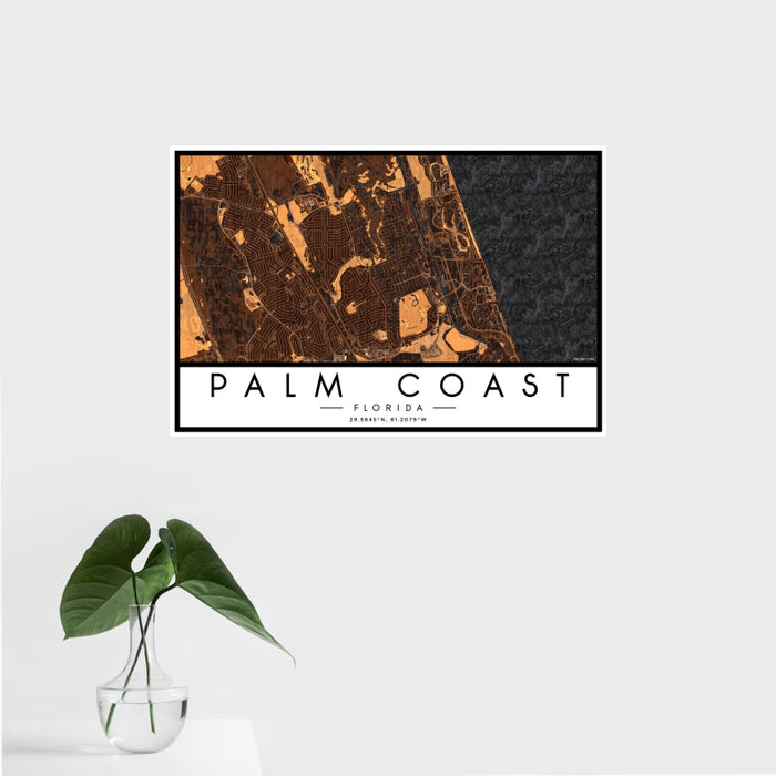 16x24 Palm Coast Florida Map Print Landscape Orientation in Ember Style With Tropical Plant Leaves in Water
