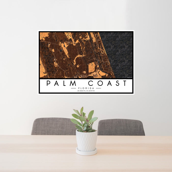 24x36 Palm Coast Florida Map Print Landscape Orientation in Ember Style Behind 2 Chairs Table and Potted Plant