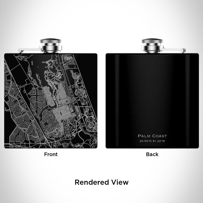 Rendered View of Palm Coast Florida Map Engraving on 6oz Stainless Steel Flask in Black