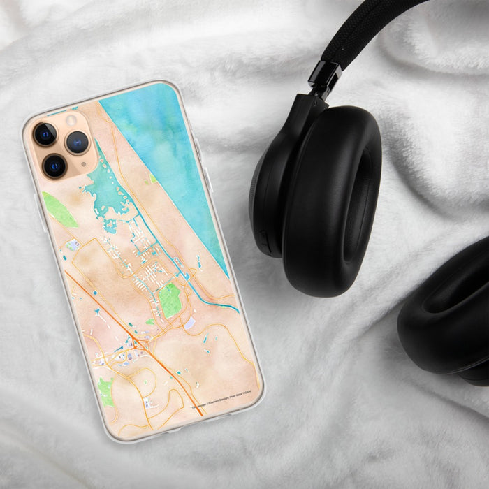 Custom Palm Coast Florida Map Phone Case in Watercolor on Table with Black Headphones