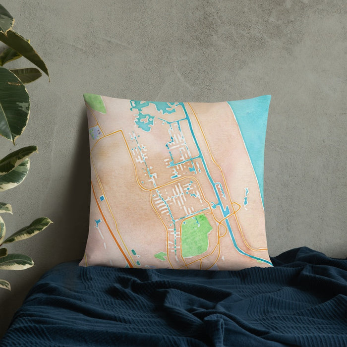 Custom Palm Coast Florida Map Throw Pillow in Watercolor on Bedding Against Wall