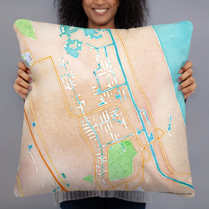 Person holding 22x22 Custom Palm Coast Florida Map Throw Pillow in Watercolor