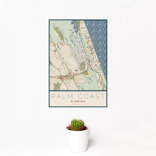 12x18 Palm Coast Florida Map Print Portrait Orientation in Woodblock Style With Small Cactus Plant in White Planter