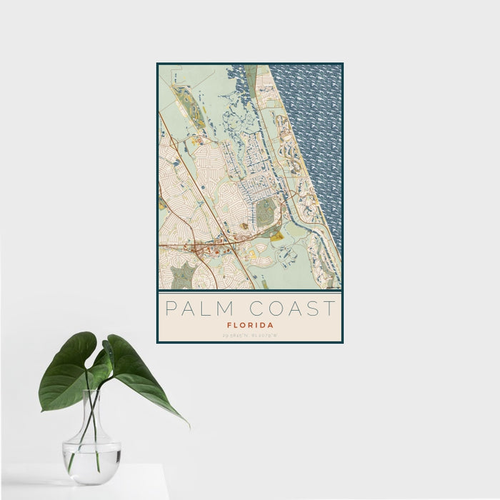 16x24 Palm Coast Florida Map Print Portrait Orientation in Woodblock Style With Tropical Plant Leaves in Water