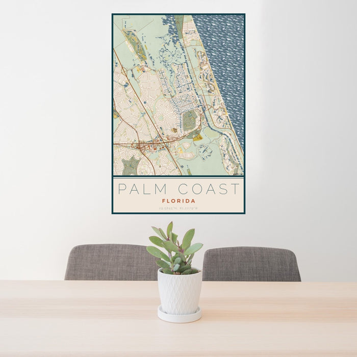 24x36 Palm Coast Florida Map Print Portrait Orientation in Woodblock Style Behind 2 Chairs Table and Potted Plant