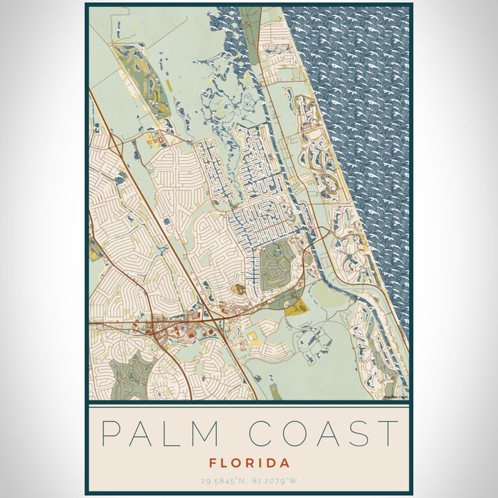 Palm Coast Florida Map Print Portrait Orientation in Woodblock Style With Shaded Background