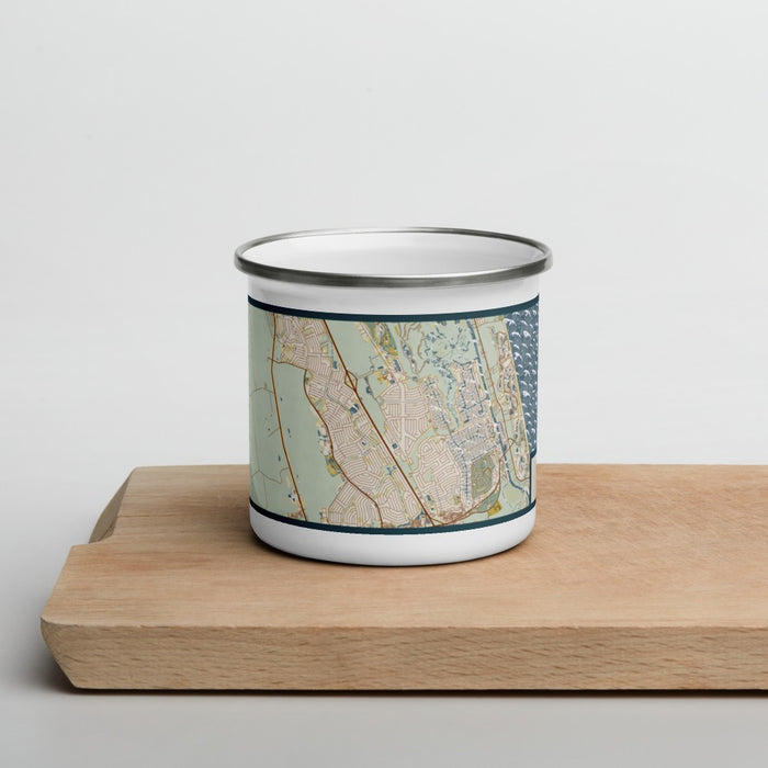 Front View Custom Palm Coast Florida Map Enamel Mug in Woodblock on Cutting Board