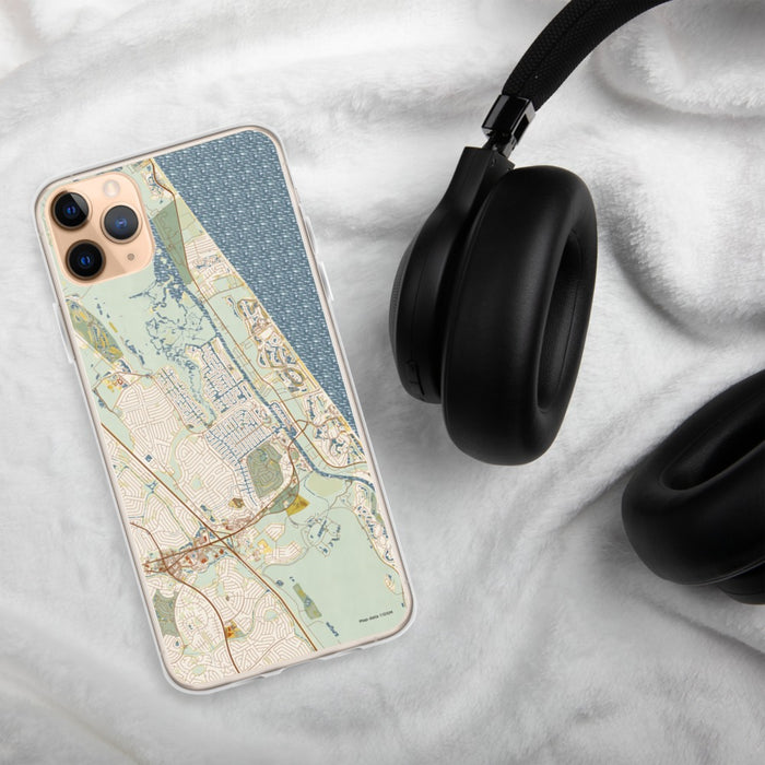 Custom Palm Coast Florida Map Phone Case in Woodblock on Table with Black Headphones