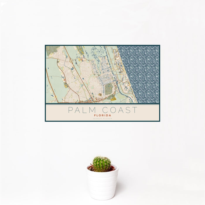 12x18 Palm Coast Florida Map Print Landscape Orientation in Woodblock Style With Small Cactus Plant in White Planter