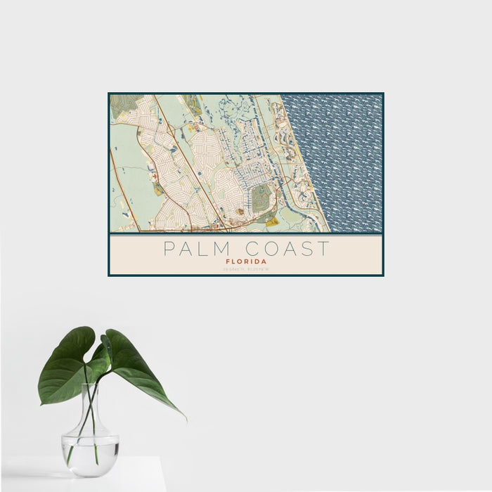 16x24 Palm Coast Florida Map Print Landscape Orientation in Woodblock Style With Tropical Plant Leaves in Water