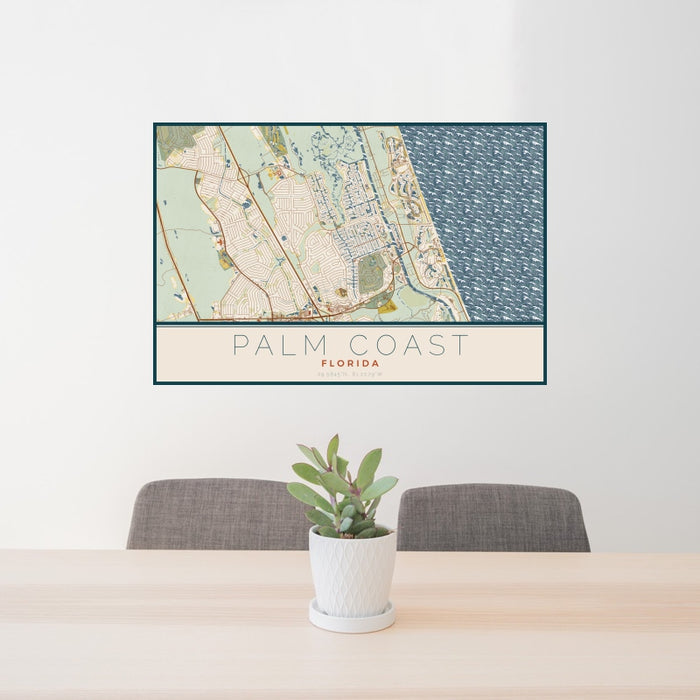 24x36 Palm Coast Florida Map Print Landscape Orientation in Woodblock Style Behind 2 Chairs Table and Potted Plant