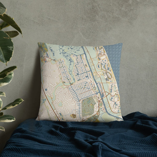 Custom Palm Coast Florida Map Throw Pillow in Woodblock on Bedding Against Wall