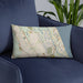 Custom Palm Coast Florida Map Throw Pillow in Woodblock on Blue Colored Chair