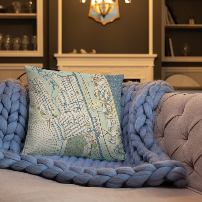 Custom Palm Coast Florida Map Throw Pillow in Woodblock on Cream Colored Couch