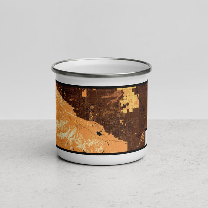 Front View Custom Palmdale California Map Enamel Mug in Ember
