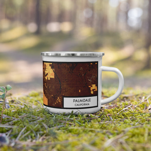 Right View Custom Palmdale California Map Enamel Mug in Ember on Grass With Trees in Background