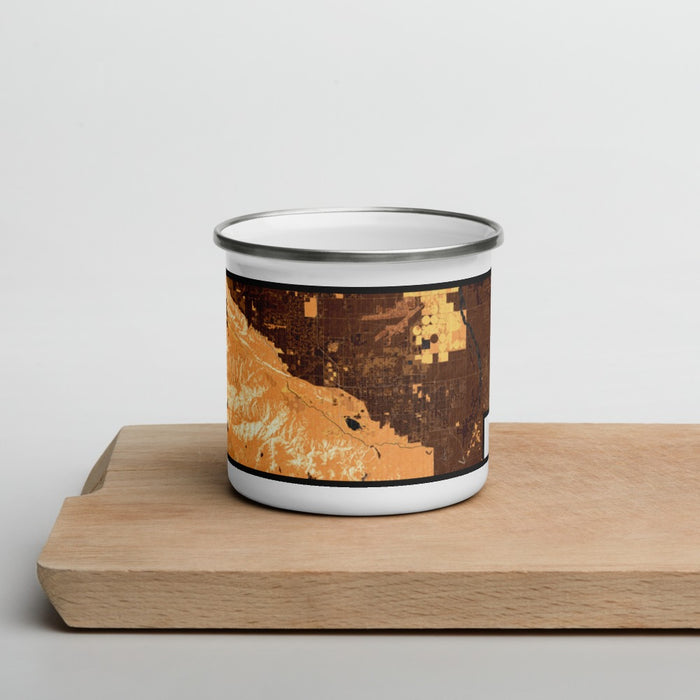 Front View Custom Palmdale California Map Enamel Mug in Ember on Cutting Board