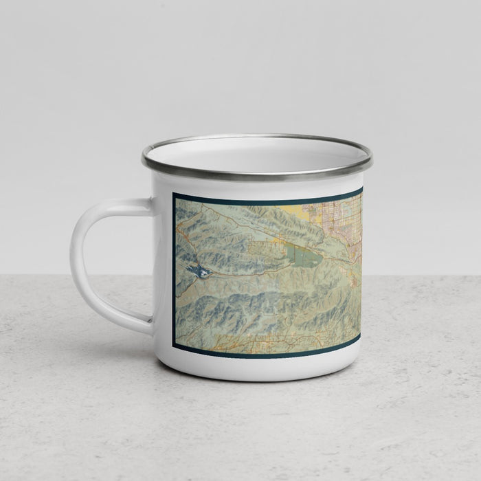 Left View Custom Palmdale California Map Enamel Mug in Woodblock