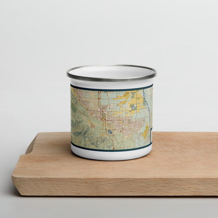 Front View Custom Palmdale California Map Enamel Mug in Woodblock on Cutting Board
