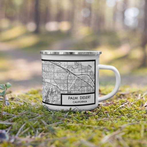 Right View Custom Palm Desert California Map Enamel Mug in Classic on Grass With Trees in Background