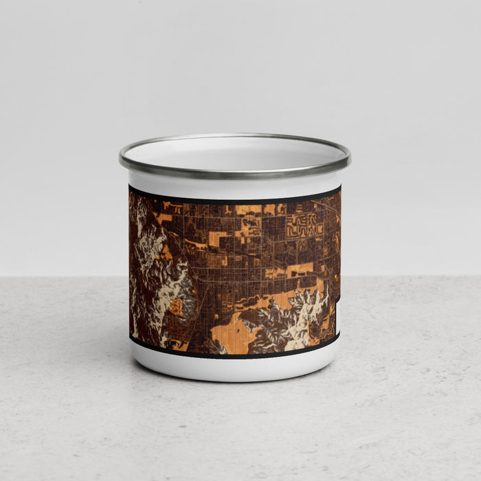Front View Custom Palm Desert California Map Enamel Mug in Ember