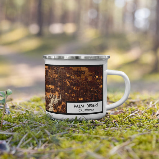 Right View Custom Palm Desert California Map Enamel Mug in Ember on Grass With Trees in Background