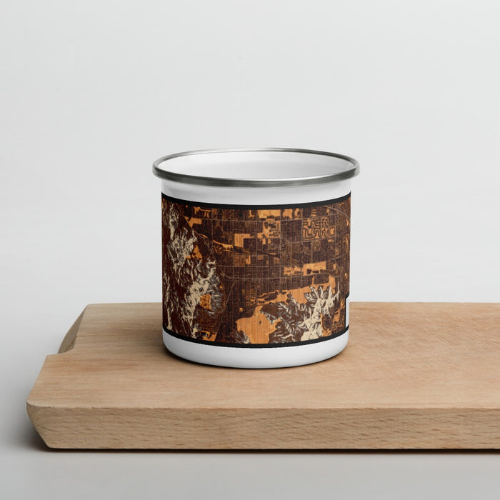 Front View Custom Palm Desert California Map Enamel Mug in Ember on Cutting Board