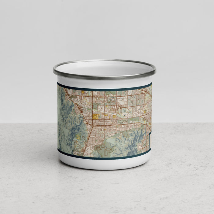 Front View Custom Palm Desert California Map Enamel Mug in Woodblock